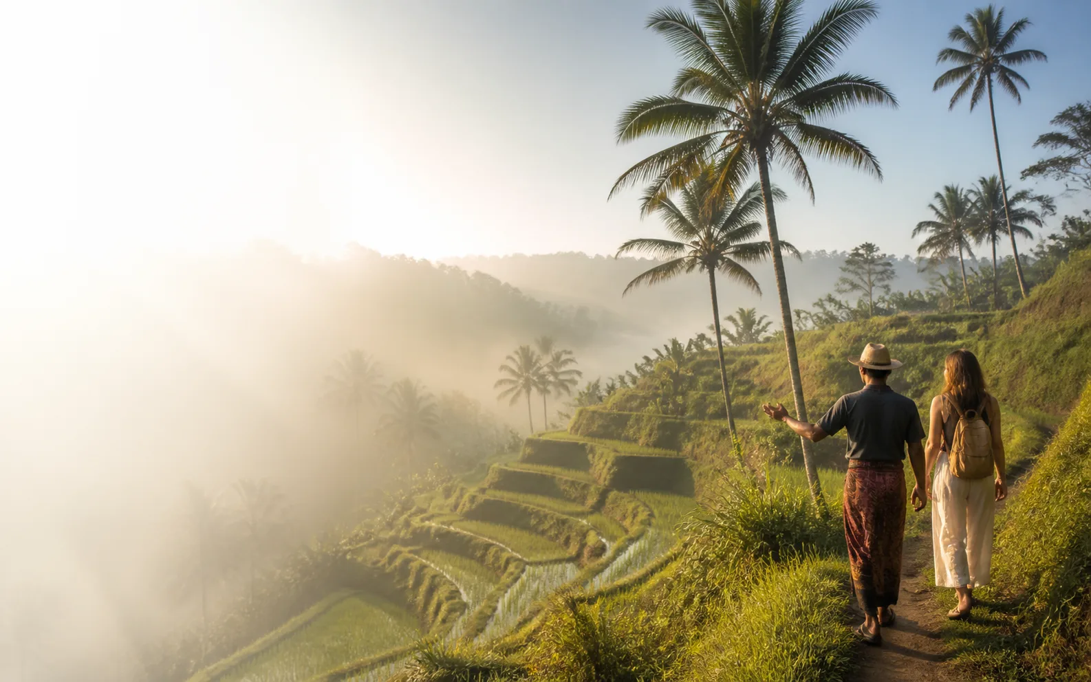 Local guide and traveler walking through rice terraces in Bali, Indonesia